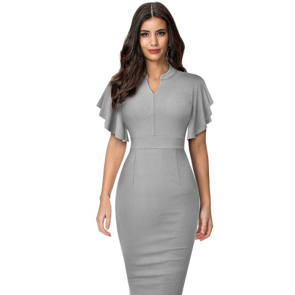 Notched Neck Flutter Sleeve Pencil Dress - Picture 2 of 7